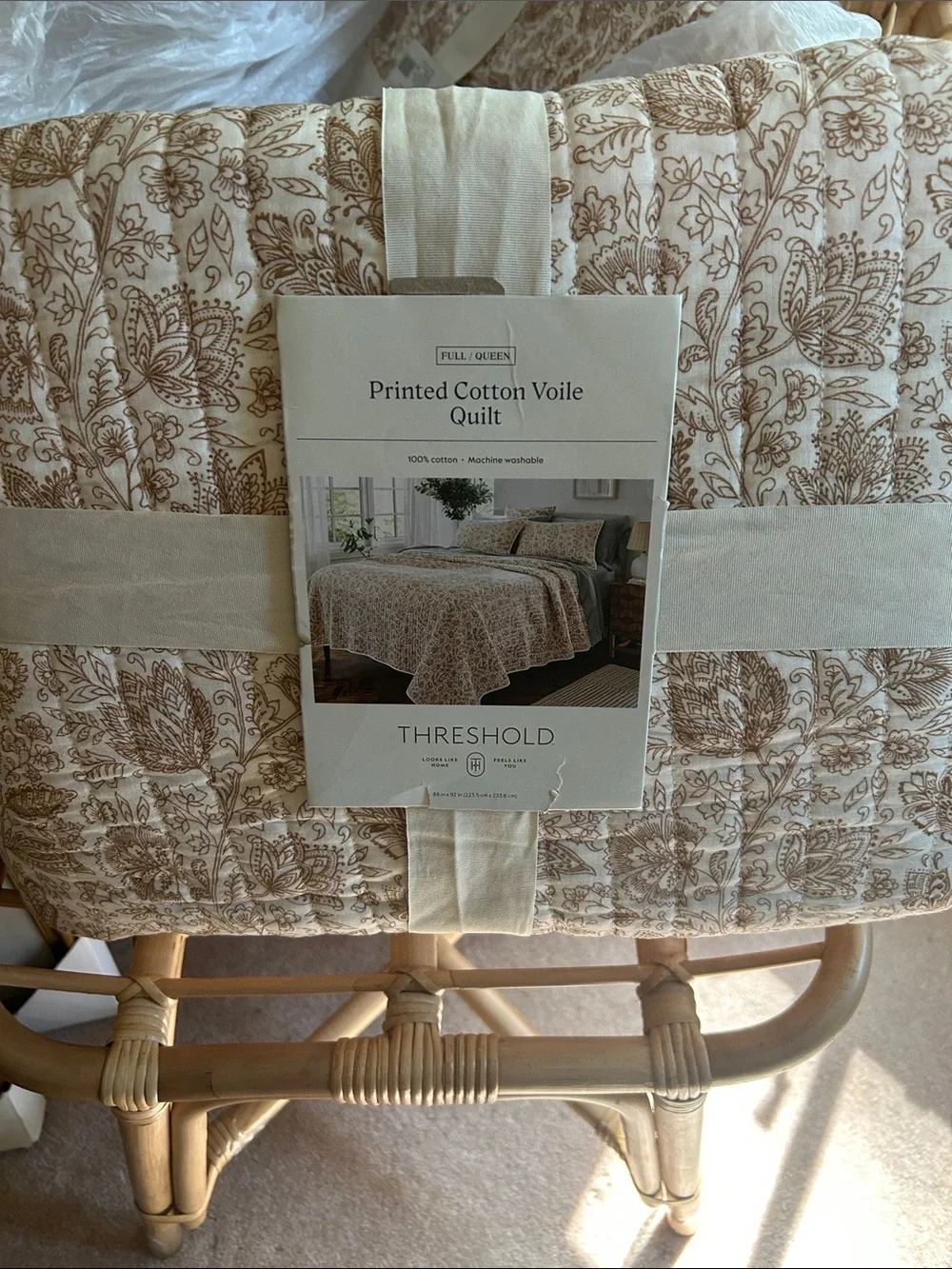 Threshold F/Q Floral Printed Cotton Tonal Floral Voile Quilt in Cream and Tan